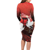 Hawaii and Japan Together Long Sleeve Bodycon Dress Polynesian Art Tattoo With Cranes And Sakura - Polynesian Pride