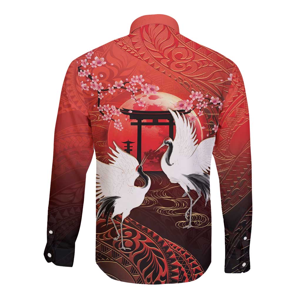 Hawaii and Japan Together Long Sleeve Button Shirt Polynesian Art Tattoo With Cranes And Sakura - Polynesian Pride