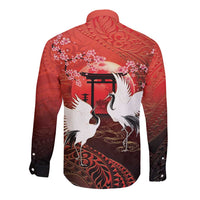 Hawaii and Japan Together Long Sleeve Button Shirt Polynesian Art Tattoo With Cranes And Sakura - Polynesian Pride