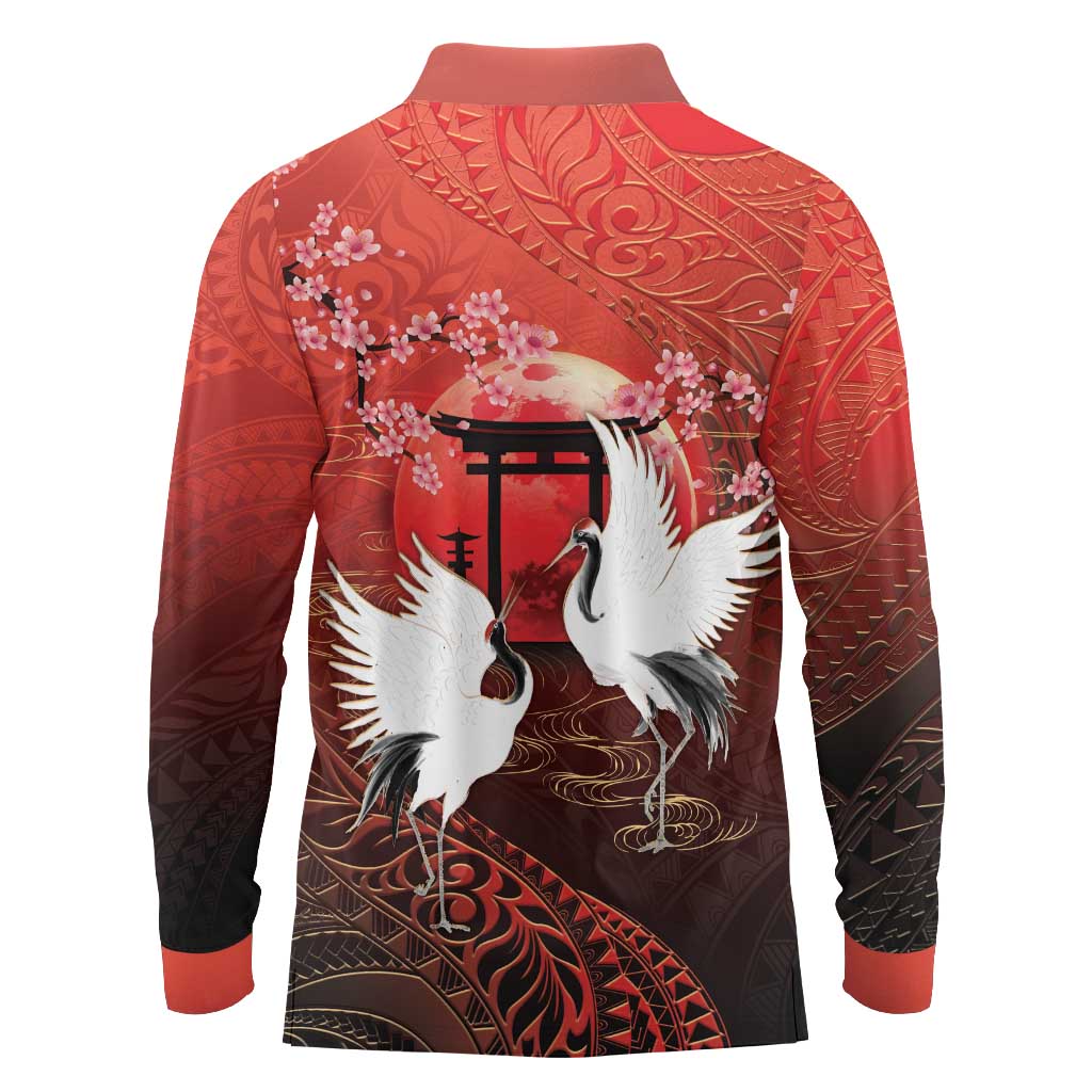 Hawaii and Japan Together Long Sleeve Polo Shirt Polynesian Art Tattoo With Cranes And Sakura - Polynesian Pride
