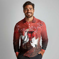 Hawaii and Japan Together Long Sleeve Polo Shirt Polynesian Art Tattoo With Cranes And Sakura - Polynesian Pride