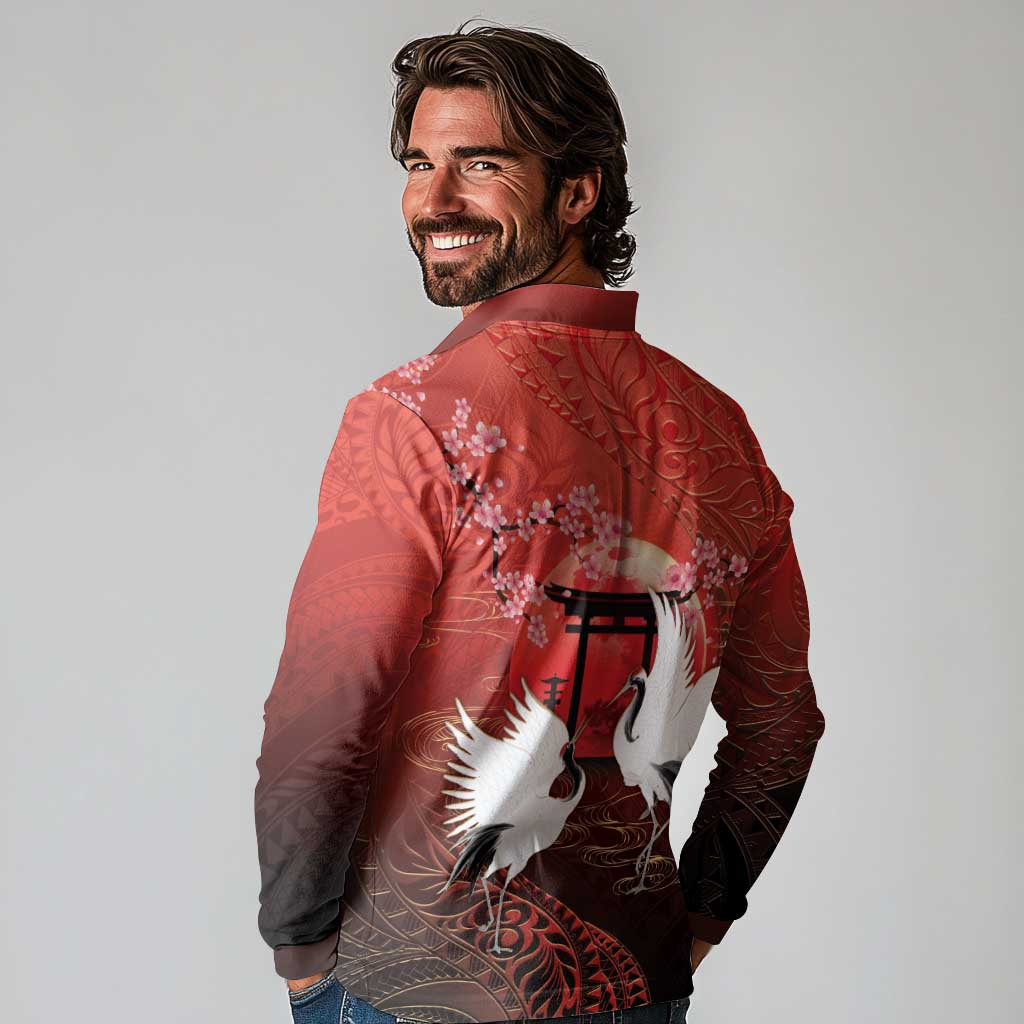 Hawaii and Japan Together Long Sleeve Polo Shirt Polynesian Art Tattoo With Cranes And Sakura - Polynesian Pride