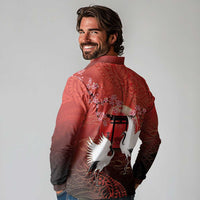 Hawaii and Japan Together Long Sleeve Polo Shirt Polynesian Art Tattoo With Cranes And Sakura - Polynesian Pride