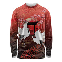 Hawaii and Japan Together Long Sleeve Shirt Polynesian Art Tattoo With Cranes And Sakura - Polynesian Pride