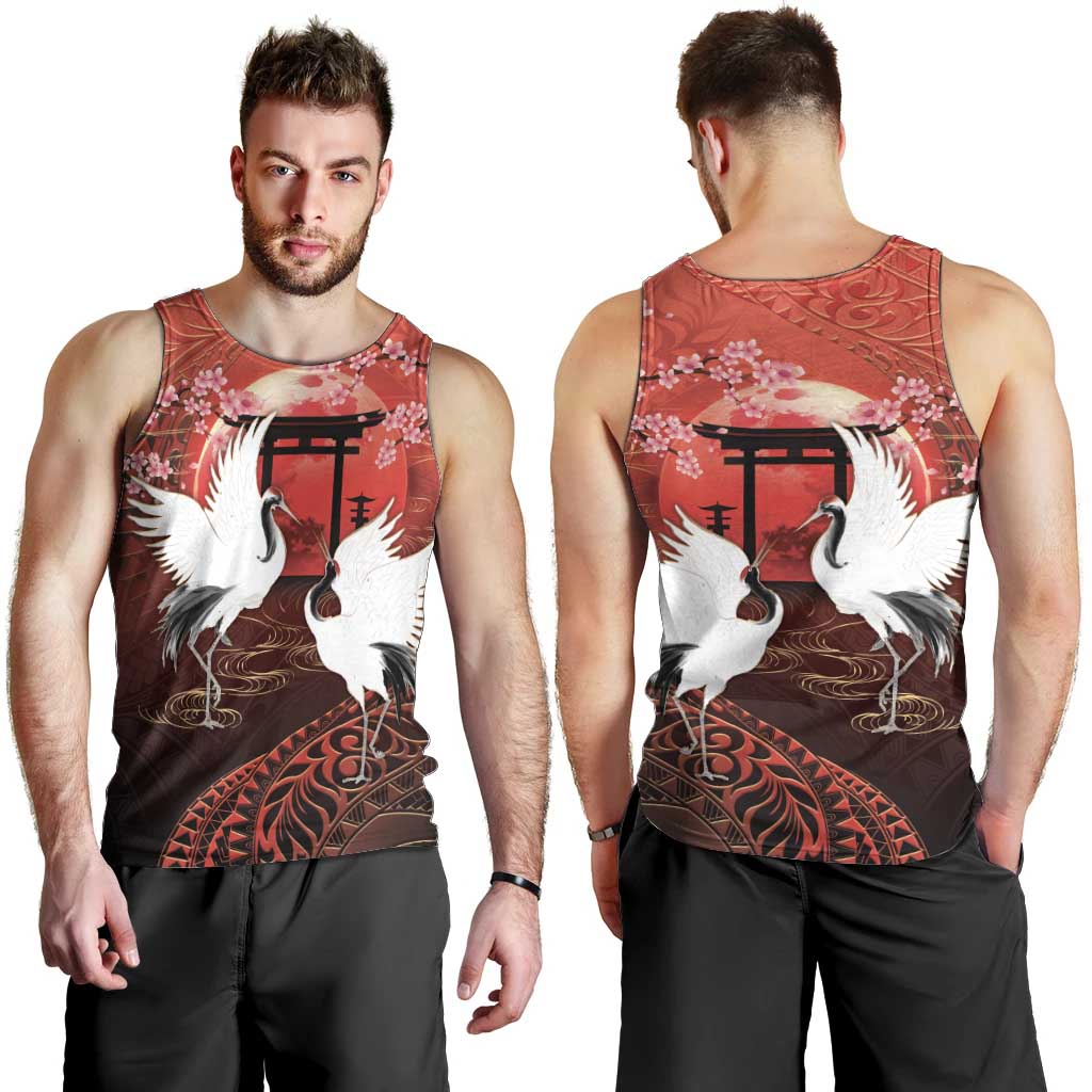 Hawaii and Japan Together Men Tank Top Polynesian Art Tattoo With Cranes And Sakura - Polynesian Pride
