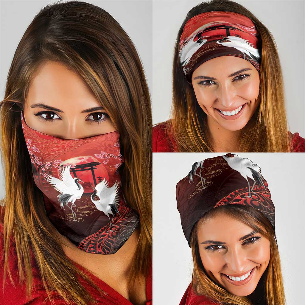 Hawaii and Japan Together Neck Gaiter Polynesian Art Tattoo With Cranes And Sakura - Polynesian Pride