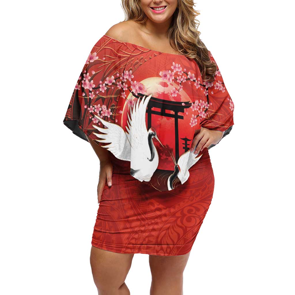 Hawaii and Japan Together Off Shoulder Short Dress Polynesian Art Tattoo With Cranes And Sakura LT05 Women Red - Polynesian Pride