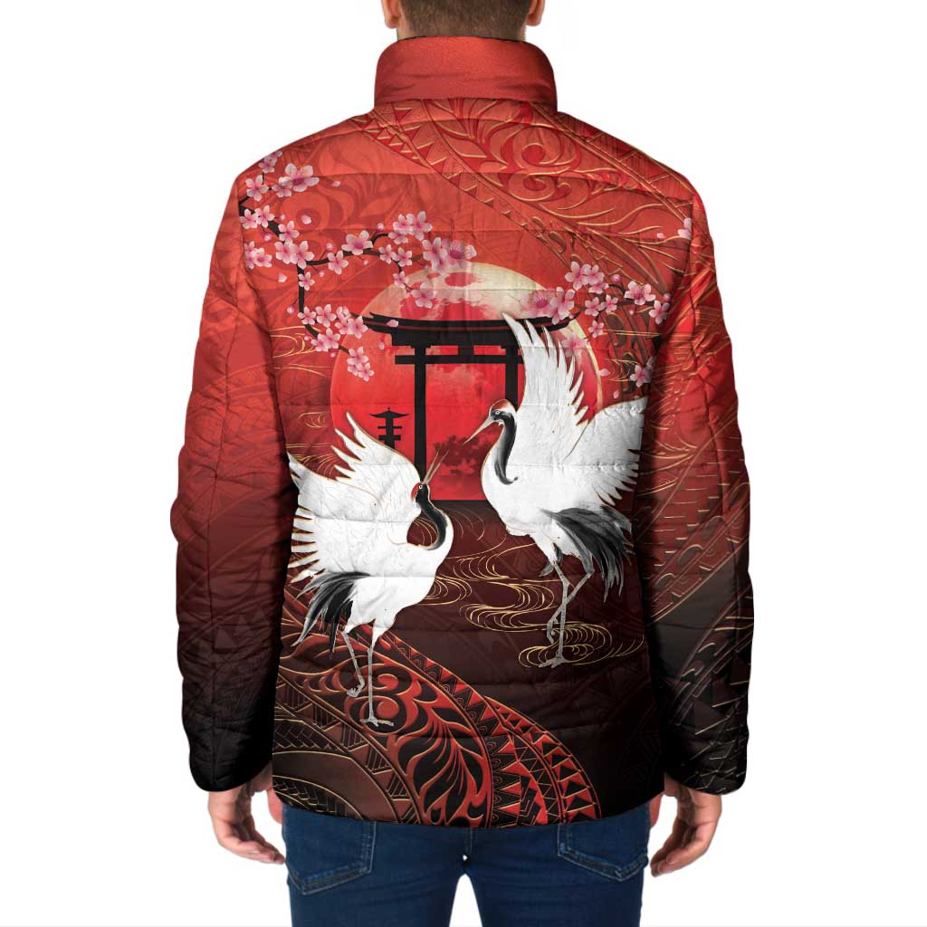Hawaii and Japan Together Padded Jacket Polynesian Art Tattoo With Cranes And Sakura - Polynesian Pride