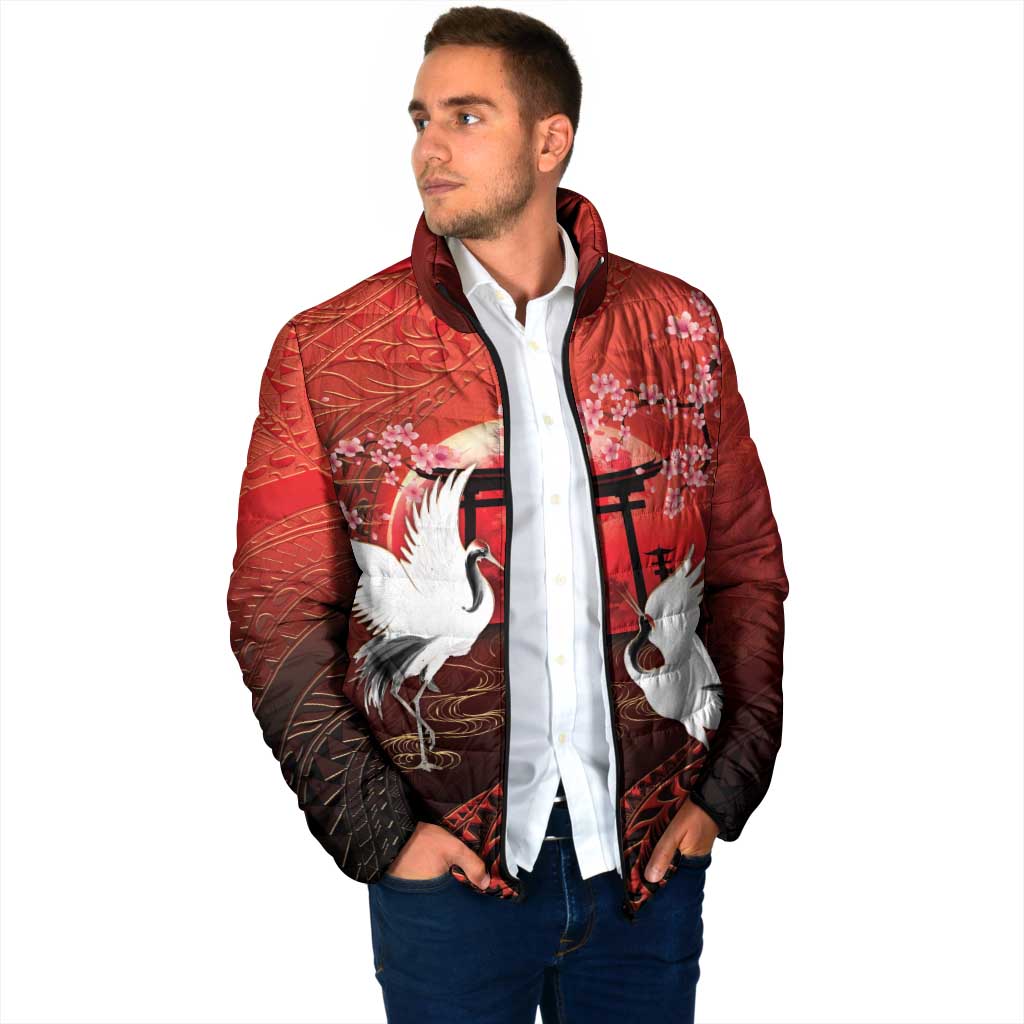 Hawaii and Japan Together Padded Jacket Polynesian Art Tattoo With Cranes And Sakura - Polynesian Pride