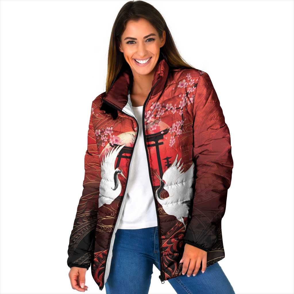 Hawaii and Japan Together Padded Jacket Polynesian Art Tattoo With Cranes And Sakura - Polynesian Pride