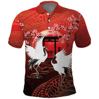 Hawaii and Japan Together Polo Shirt Polynesian Art Tattoo With Cranes And Sakura - Polynesian Pride