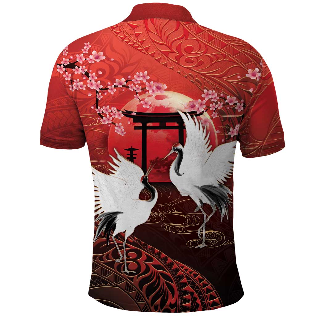 Hawaii and Japan Together Polo Shirt Polynesian Art Tattoo With Cranes And Sakura - Polynesian Pride