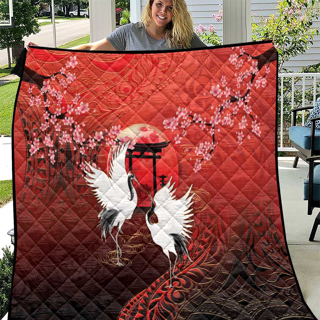 Hawaii and Japan Together Quilt Polynesian Art Tattoo With Cranes And Sakura LT05 Red - Polynesian Pride