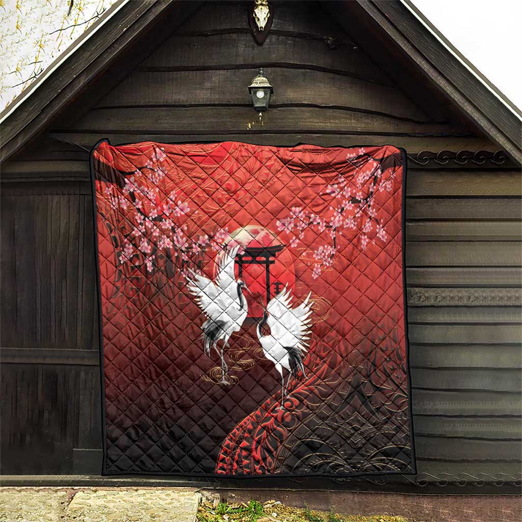 Hawaii and Japan Together Quilt Polynesian Art Tattoo With Cranes And Sakura - Polynesian Pride