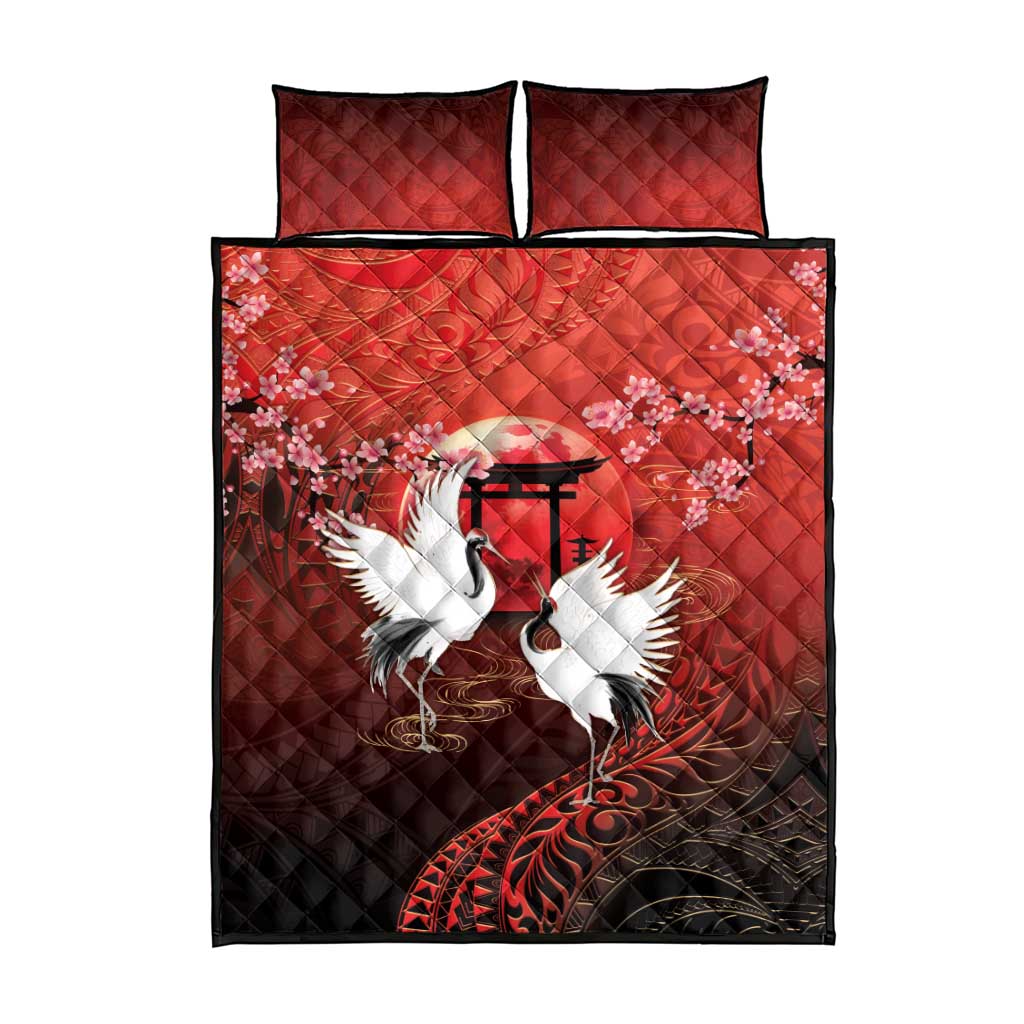 Hawaii and Japan Together Quilt Bed Set Polynesian Art Tattoo With Cranes And Sakura - Polynesian Pride