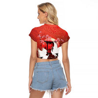 Hawaii and Japan Together Raglan Cropped T Shirt Polynesian Art Tattoo With Cranes And Sakura - Polynesian Pride