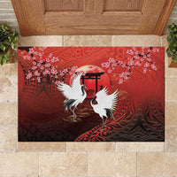 Hawaii and Japan Together Rubber Doormat Polynesian Art Tattoo With Cranes And Sakura - Polynesian Pride