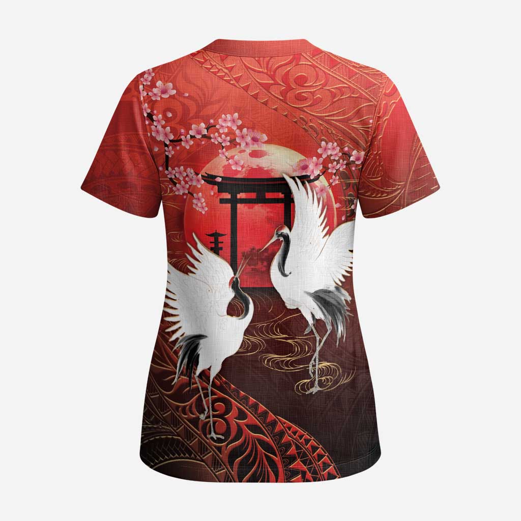 Hawaii and Japan Together Scrub Top Polynesian Art Tattoo With Cranes And Sakura - Polynesian Pride