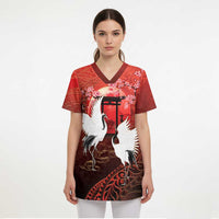 Hawaii and Japan Together Scrub Top Polynesian Art Tattoo With Cranes And Sakura - Polynesian Pride