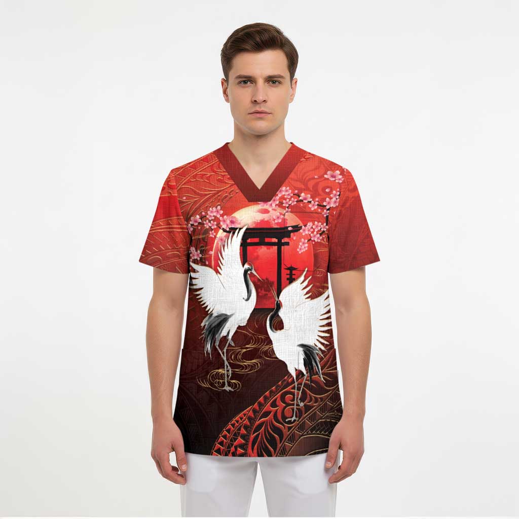 Hawaii and Japan Together Scrub Top Polynesian Art Tattoo With Cranes And Sakura - Polynesian Pride