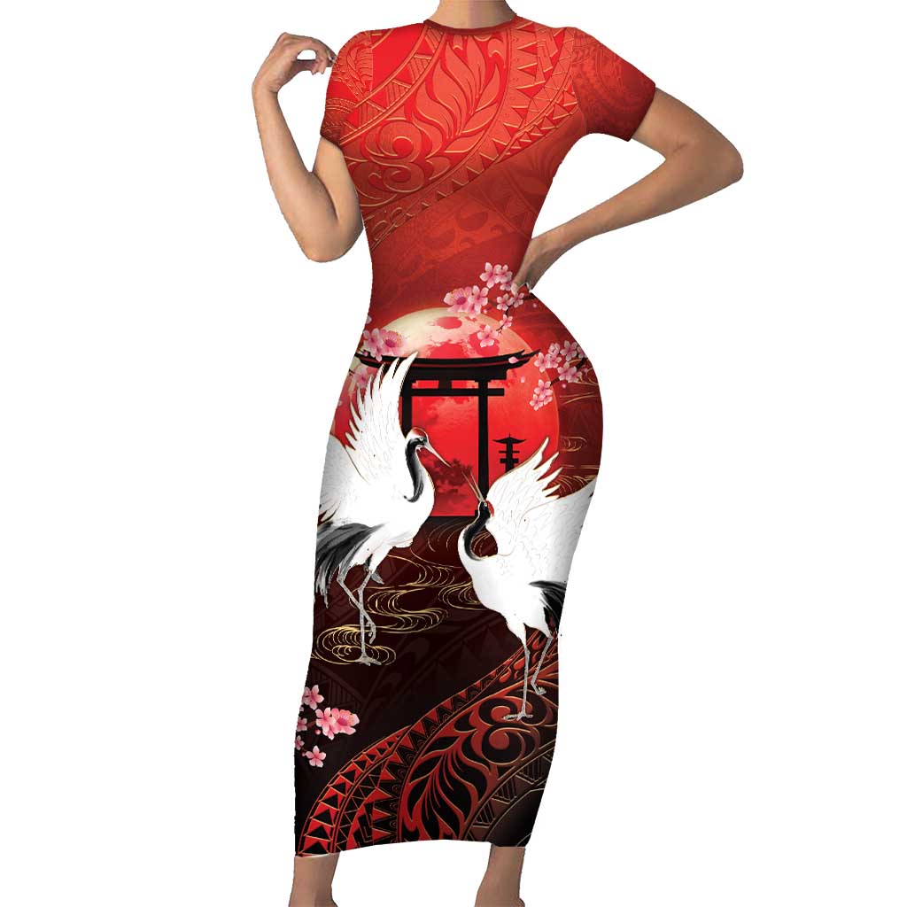 Hawaii and Japan Together Short Sleeve Bodycon Dress Polynesian Art Tattoo With Cranes And Sakura - Polynesian Pride