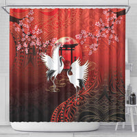 Hawaii and Japan Together Shower Curtain Polynesian Art Tattoo With Cranes And Sakura - Polynesian Pride