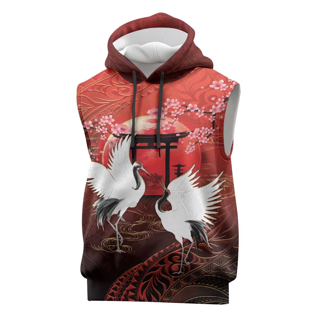 Hawaii and Japan Together Sleeveless Hoodie Polynesian Art Tattoo With Cranes And Sakura - Polynesian Pride
