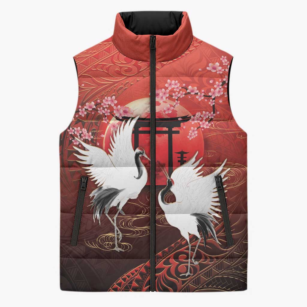 Hawaii and Japan Together Sleeveless Puffer Jacket Polynesian Art Tattoo With Cranes And Sakura - Polynesian Pride