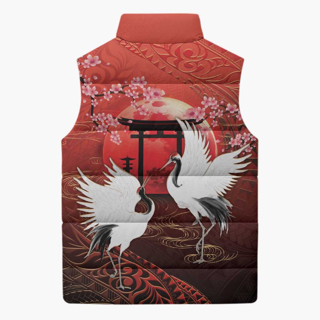 Hawaii and Japan Together Sleeveless Puffer Jacket Polynesian Art Tattoo With Cranes And Sakura - Polynesian Pride