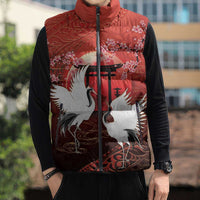 Hawaii and Japan Together Sleeveless Puffer Jacket Polynesian Art Tattoo With Cranes And Sakura - Polynesian Pride
