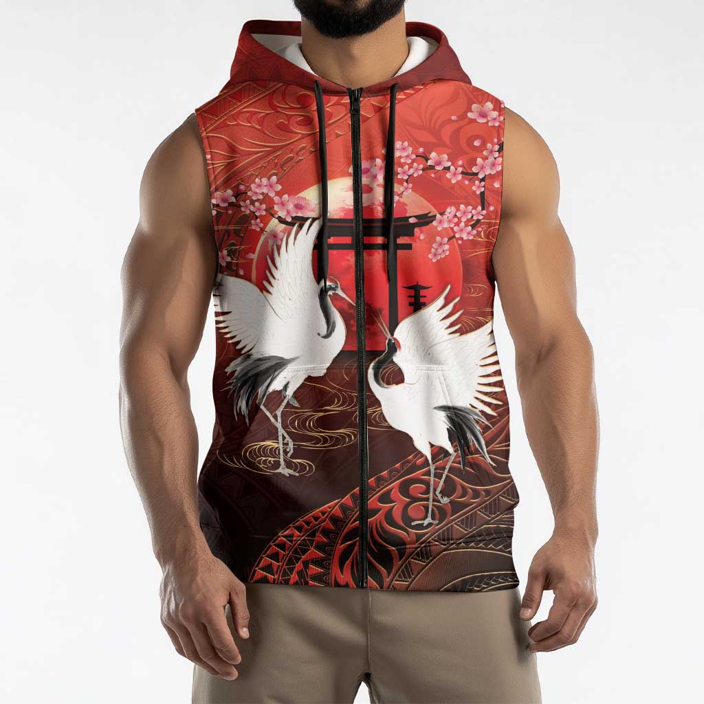 Hawaii and Japan Together Sleeveless Zip Hoodie Polynesian Art Tattoo With Cranes And Sakura - Polynesian Pride