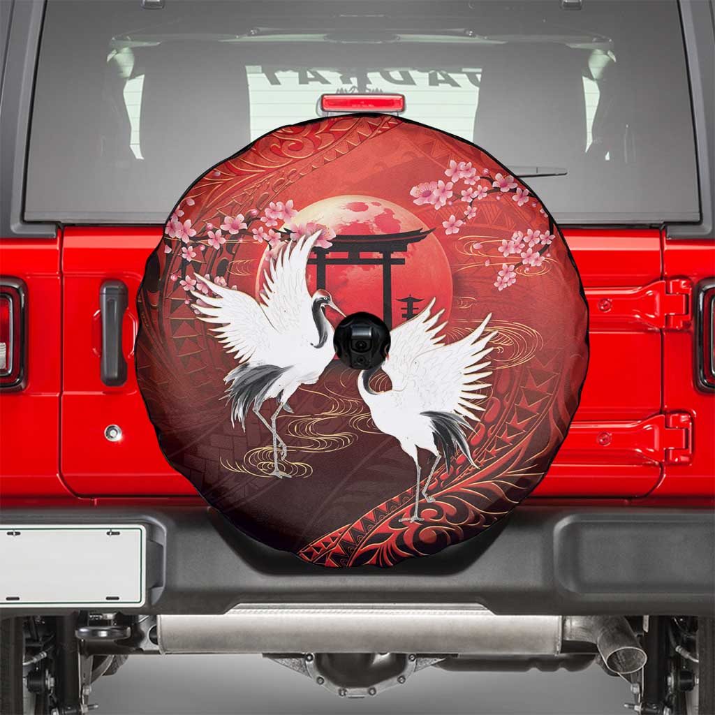Hawaii and Japan Together Spare Tire Cover Polynesian Art Tattoo With Cranes And Sakura - Polynesian Pride