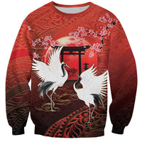 Hawaii and Japan Together Sweatshirt Polynesian Art Tattoo With Cranes And Sakura - Polynesian Pride