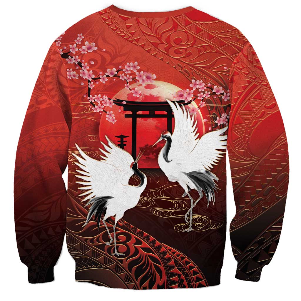 Hawaii and Japan Together Sweatshirt Polynesian Art Tattoo With Cranes And Sakura - Polynesian Pride