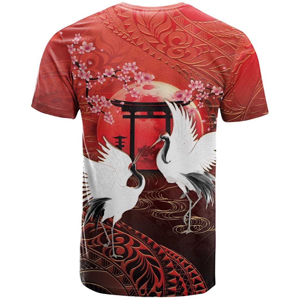 Hawaii and Japan Together T Shirt Polynesian Art Tattoo With Cranes And Sakura - Polynesian Pride