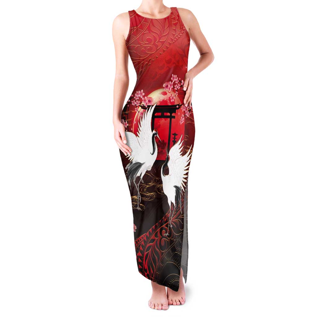 Hawaii and Japan Together Tank Maxi Dress Polynesian Art Tattoo With Cranes And Sakura LT05 Women Red - Polynesian Pride