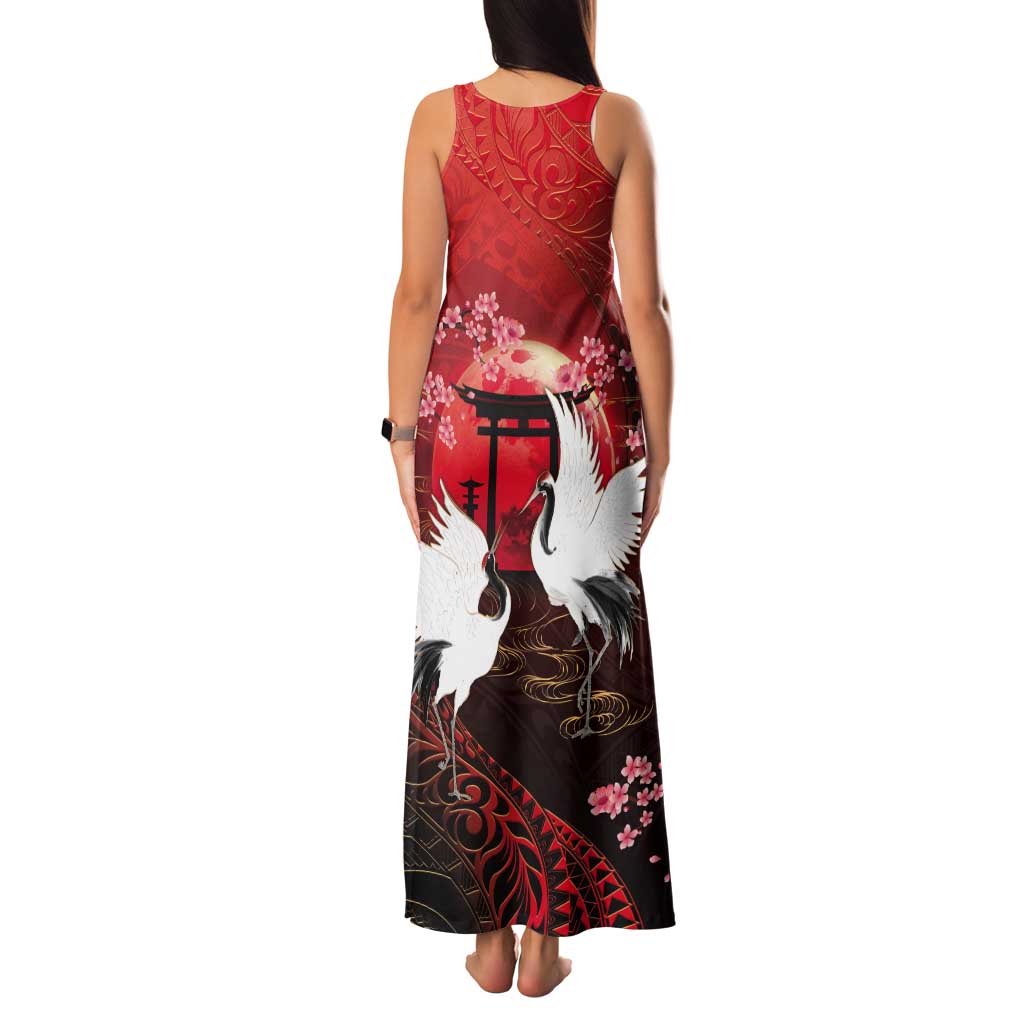 Hawaii and Japan Together Tank Maxi Dress Polynesian Art Tattoo With Cranes And Sakura LT05 - Polynesian Pride