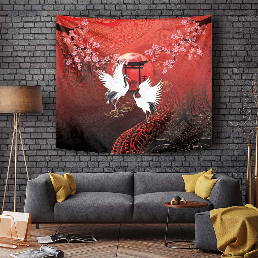 Hawaii and Japan Together Tapestry Polynesian Art Tattoo With Cranes And Sakura LT05 Red - Polynesian Pride