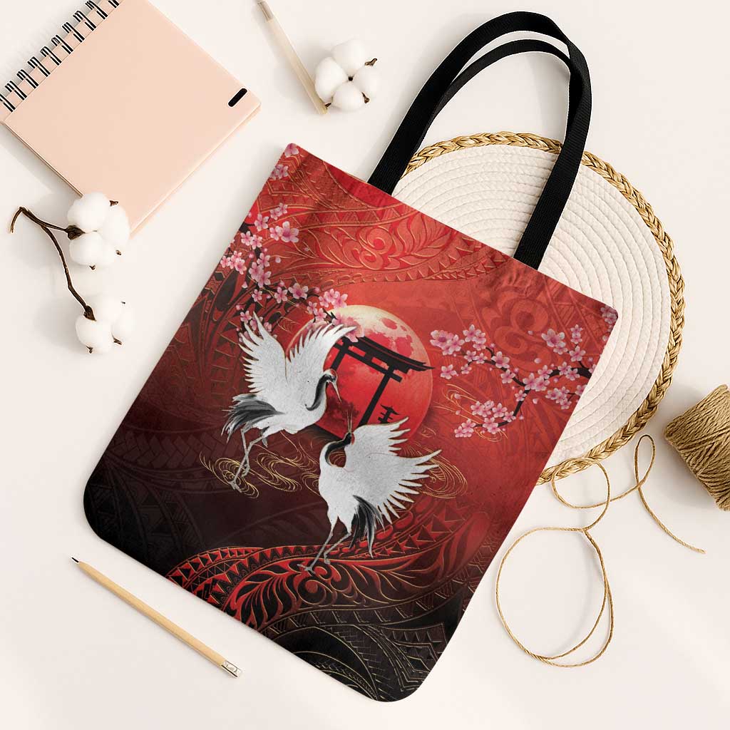 Hawaii and Japan Together Tote Bag Polynesian Art Tattoo With Cranes And Sakura LT05 Black Strap One Size Red - Polynesian Pride