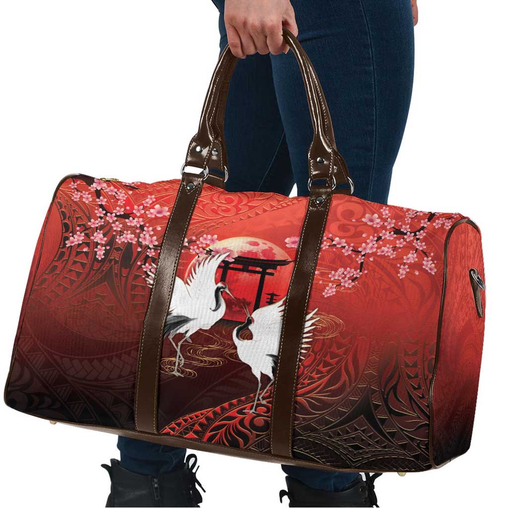 Hawaii and Japan Together Travel Bag Polynesian Art Tattoo With Cranes And Sakura - Polynesian Pride