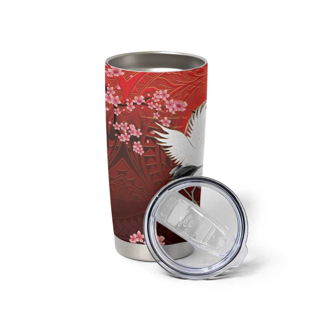 Hawaii and Japan Together Tumbler Cup Polynesian Art Tattoo With Cranes And Sakura LT05 - Polynesian Pride