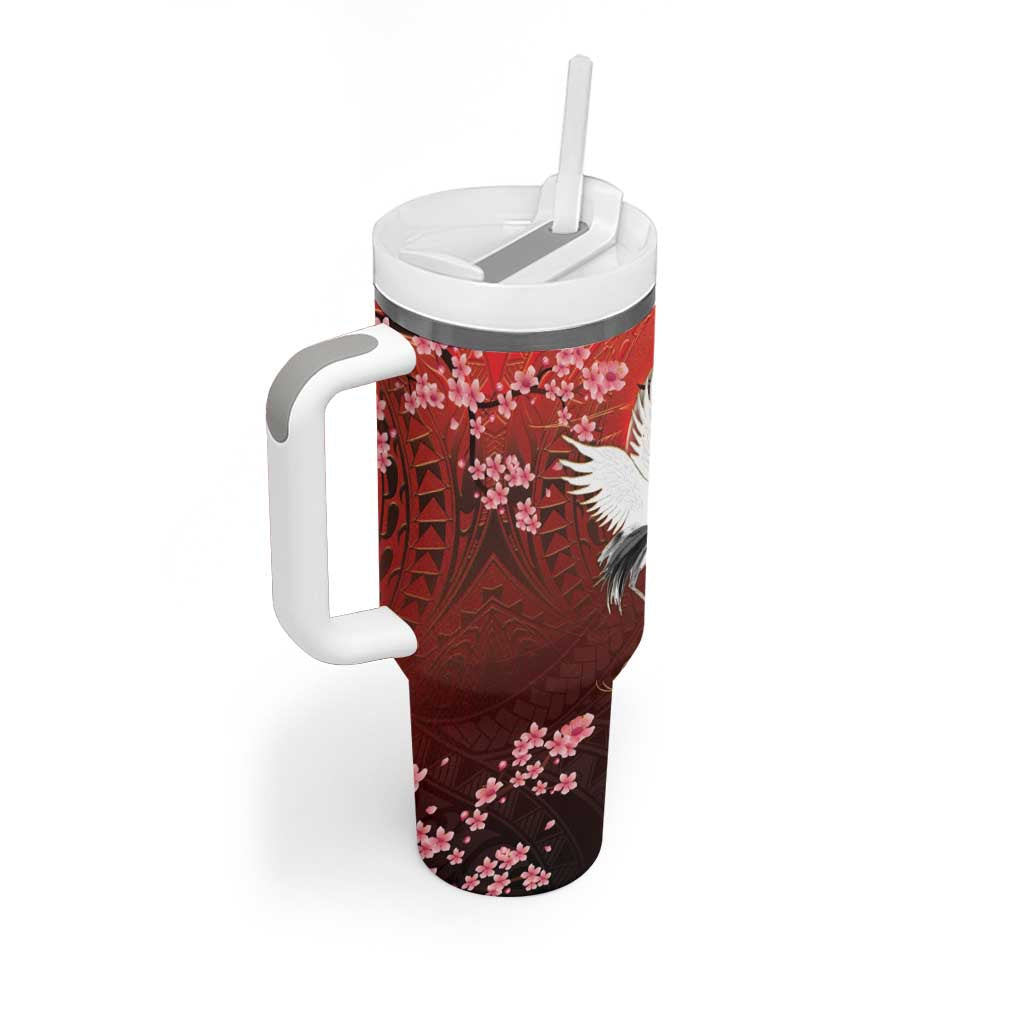 Hawaii and Japan Together Tumbler With Handle Polynesian Art Tattoo With Cranes And Sakura - Polynesian Pride