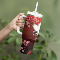 Hawaii and Japan Together Tumbler With Handle Polynesian Art Tattoo With Cranes And Sakura - Polynesian Pride