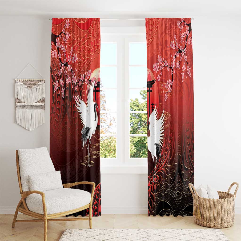 Hawaii and Japan Together Window Curtain Polynesian Art Tattoo With Cranes And Sakura - Polynesian Pride