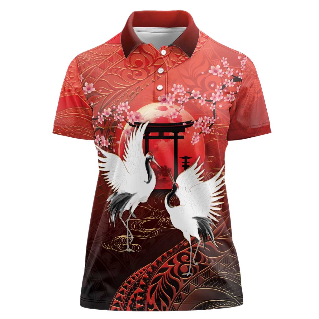Hawaii and Japan Together Women Polo Shirt Polynesian Art Tattoo With Cranes And Sakura - Polynesian Pride
