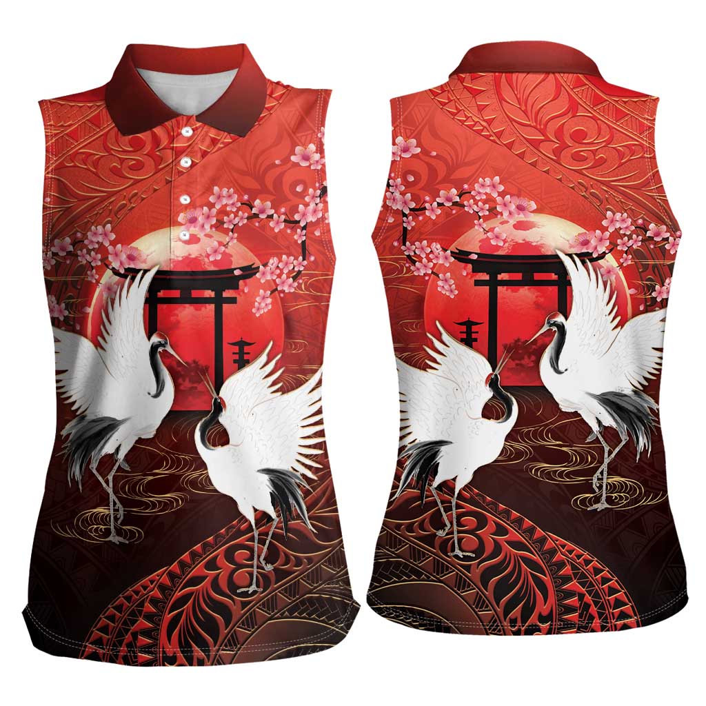 Hawaii and Japan Together Women Sleeveless Polo Shirt Polynesian Art Tattoo With Cranes And Sakura - Polynesian Pride