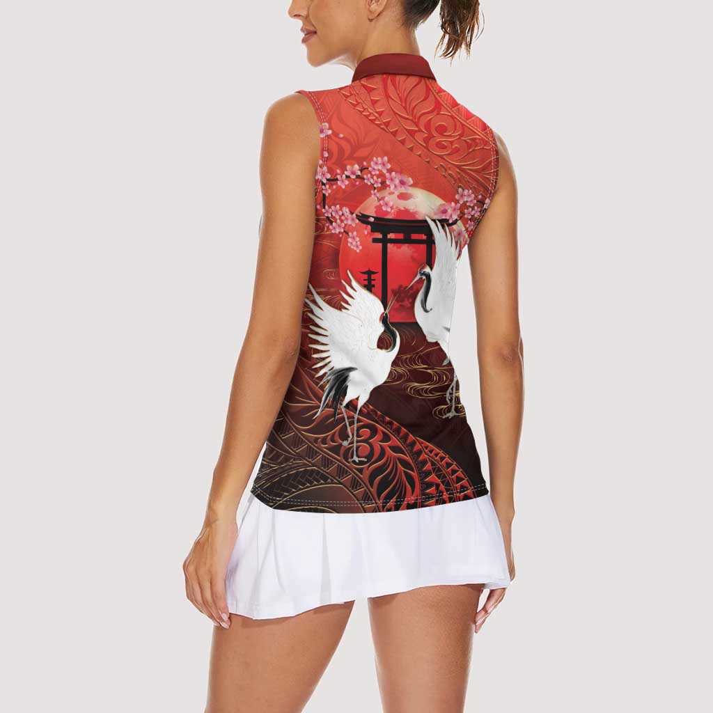 Hawaii and Japan Together Women Sleeveless Polo Shirt Polynesian Art Tattoo With Cranes And Sakura - Polynesian Pride