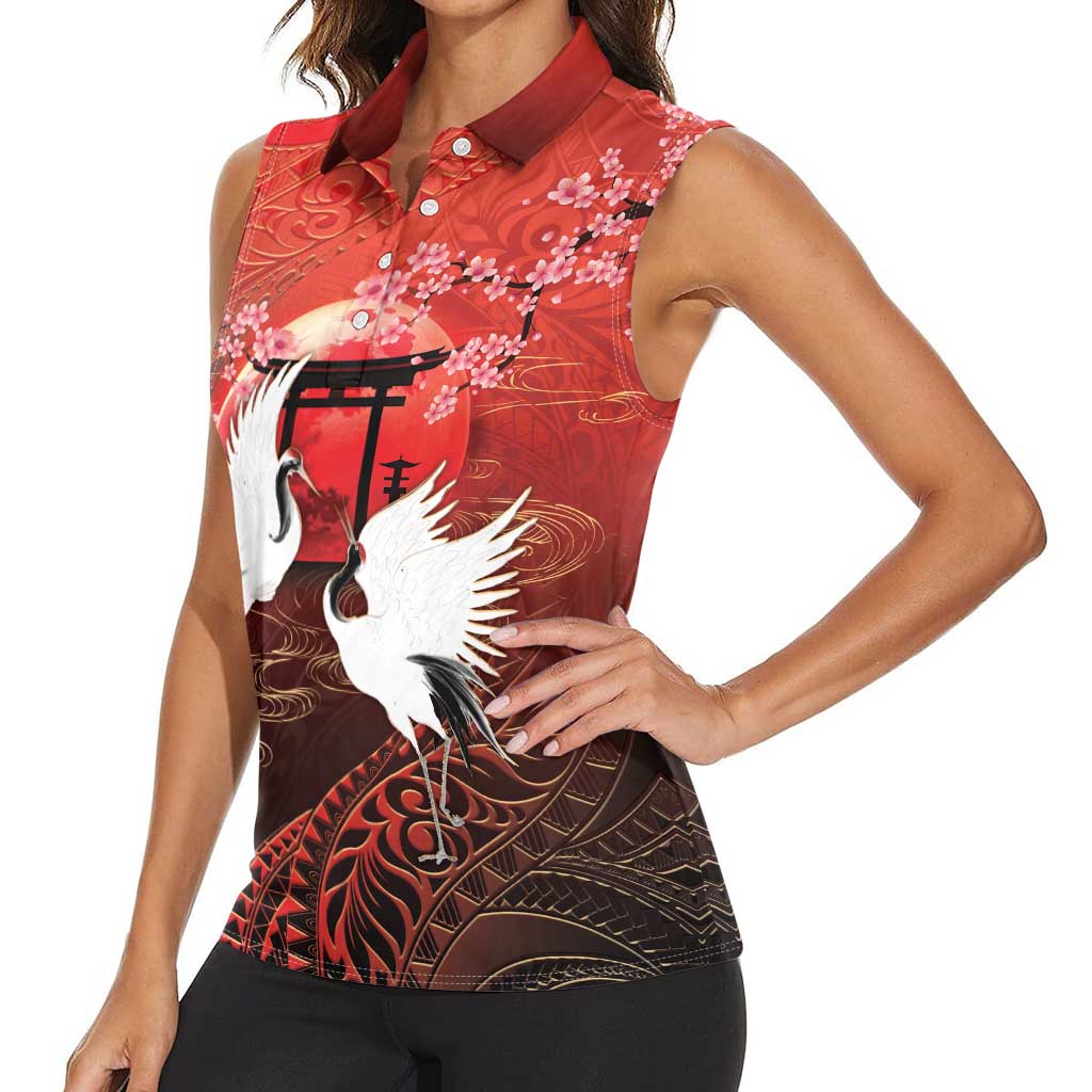 Hawaii and Japan Together Women Sleeveless Polo Shirt Polynesian Art Tattoo With Cranes And Sakura - Polynesian Pride