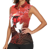Hawaii and Japan Together Women Sleeveless Polo Shirt Polynesian Art Tattoo With Cranes And Sakura - Polynesian Pride