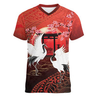 Hawaii and Japan Together Women V-Neck T-Shirt Polynesian Art Tattoo With Cranes And Sakura - Polynesian Pride